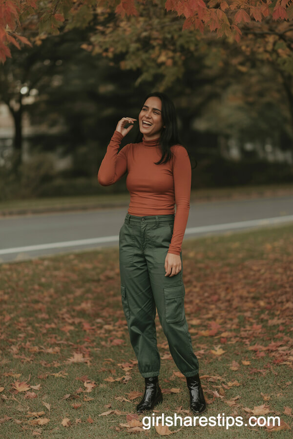 Rust Mock Neck Top and Forest Green Cargo Pants with Ankle Boots