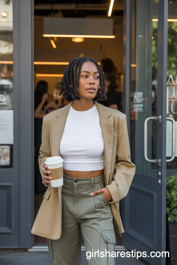 Beige Boyfriend Blazer, White Cropped Tee, Khaki Cargo Pants