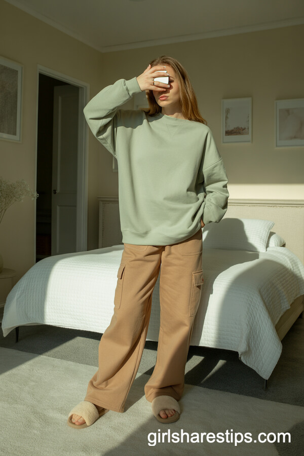 Sage-Green Sweatshirt and Tan Cargo Pants with Slippers