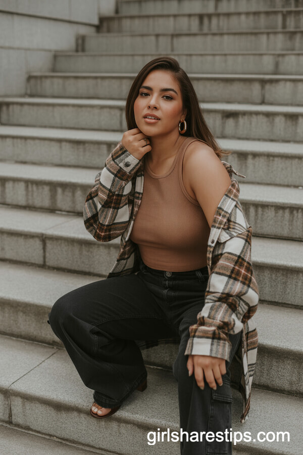 Plaid Shacket, Ribbed Tank Top, Black Cargo Pants