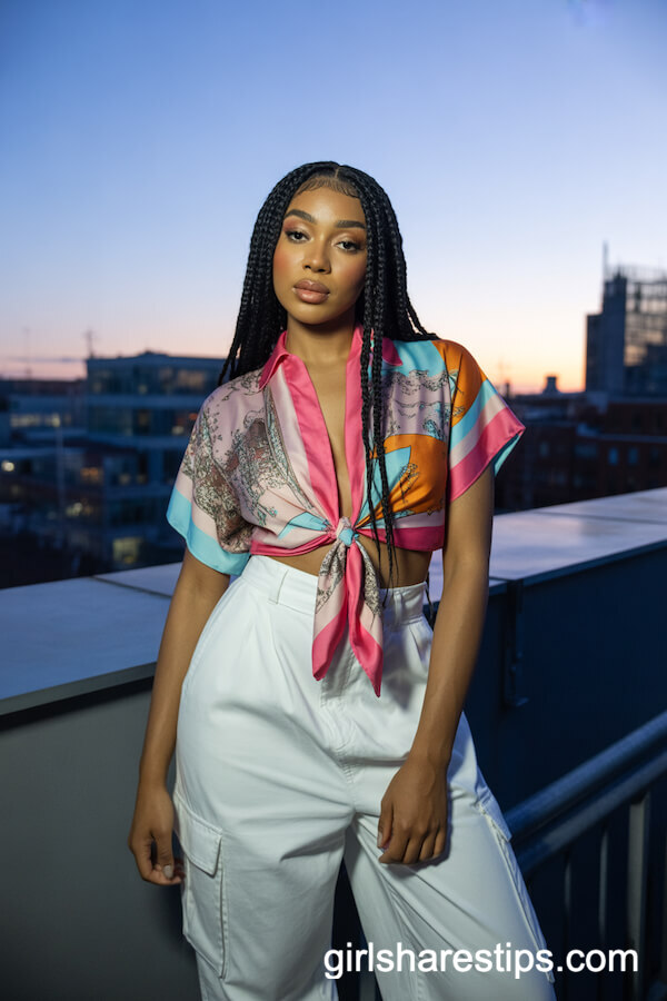 Silk Scarf-Style Top and White Cargo Pants