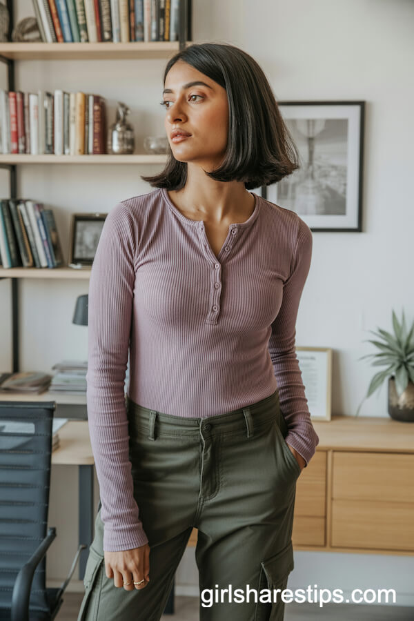 Dusty Mauve Henley Top Dark Olive Slim Cargo Pants