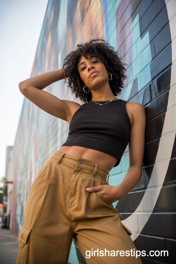 Black Cropped Tank Top Tan Cargo Pants
