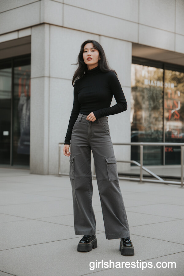Black Turtleneck, Wide-Leg Gray Cargo Pants, Platform Boots