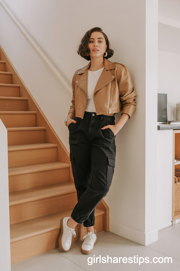 Cropped Tan Moto Jacket, White Top, Black Cargo Pants