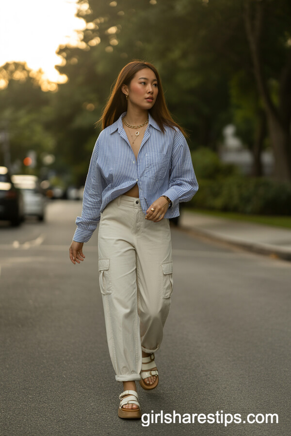Striped Button-Down Shirt and Cream Cargo Pants with Gold Jewelry