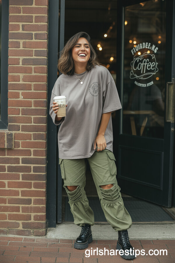 Oversized Graphic Tee Distressed Army Green Cargo Pants