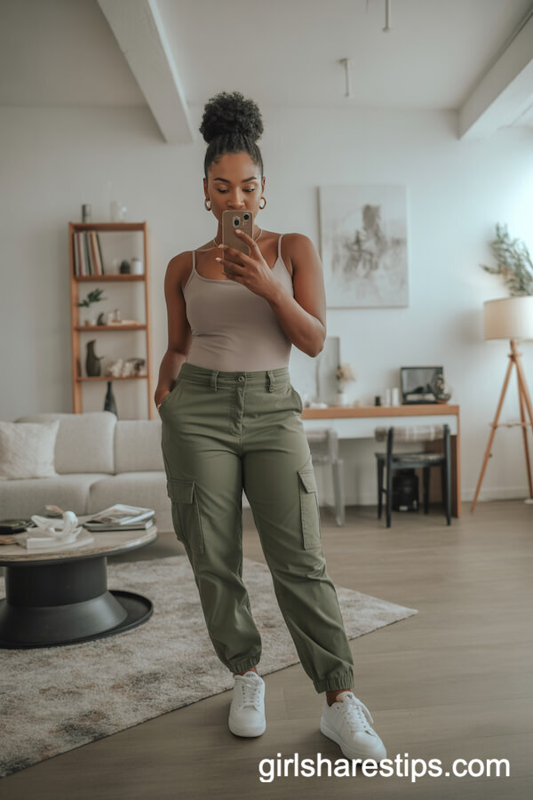 Taupe Bodysuit Olive Cargo Pants White Sneakers