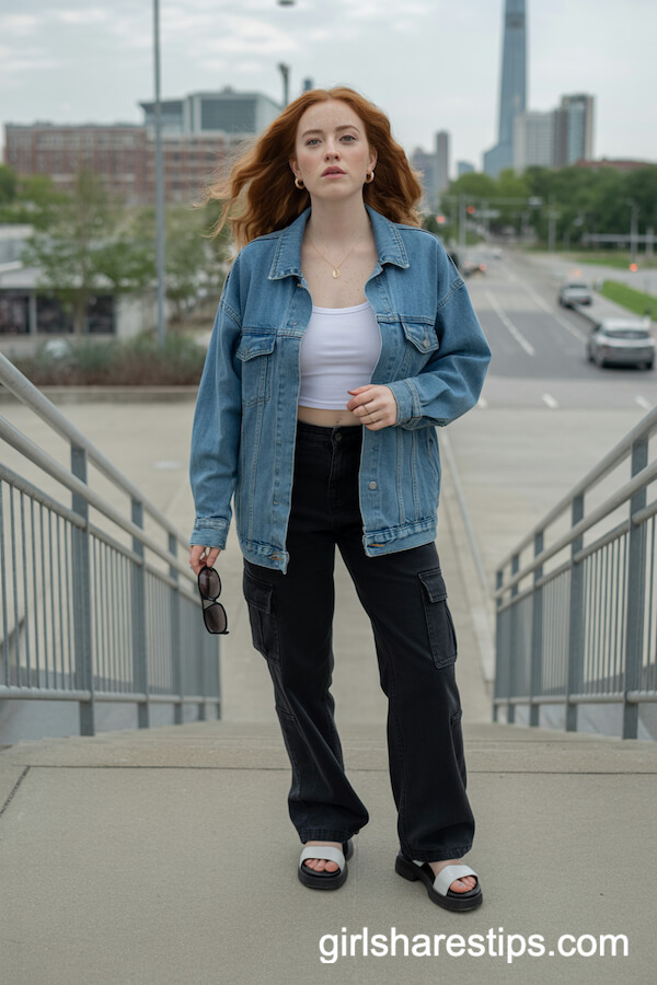 Denim Jacket, White Tank, Black Cargo Pants with Platform Sandals