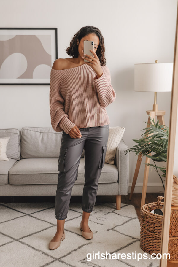 Blush Off-Shoulder Knit Sweater Slim-Fit Gray Cargo Pants