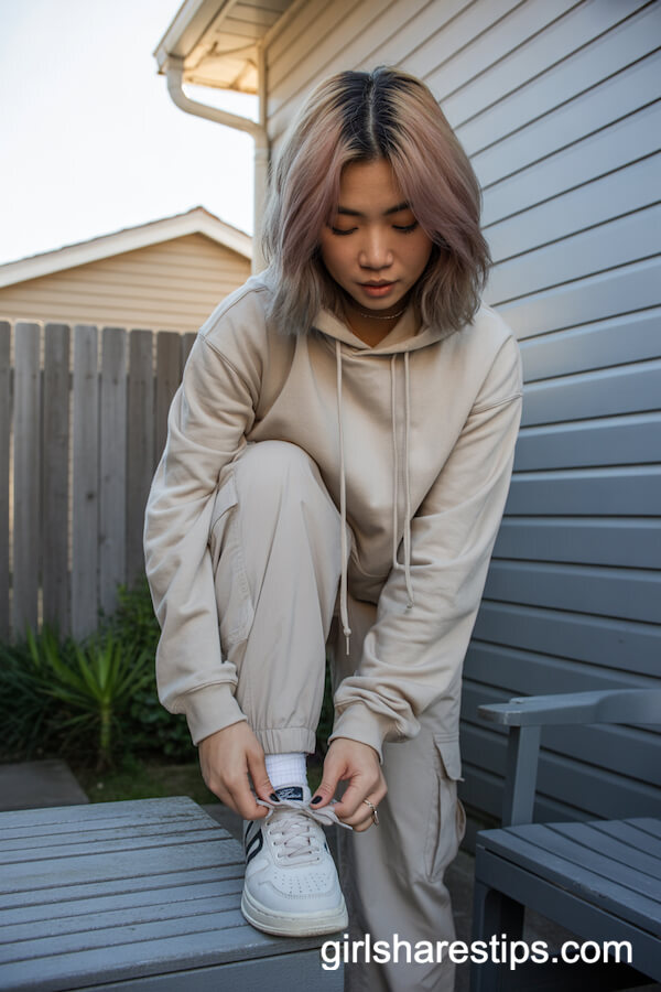 Beige Hoodie and Drawstring Cargo Joggers with Sneakers