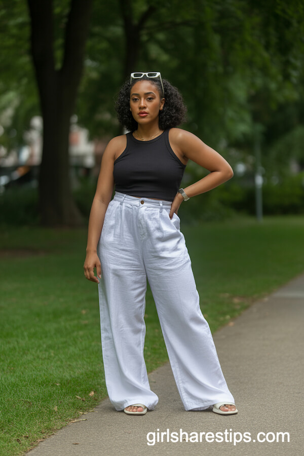 Black Tank Top with White Linen Pants