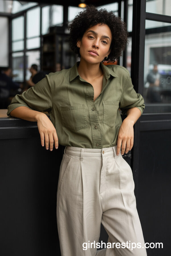 Olive Green Utility Shirt with Beige Linen Trousers