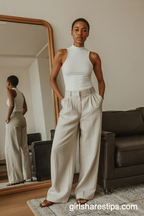Ivory Mock Neck Top with Tailored Cream Linen Pants