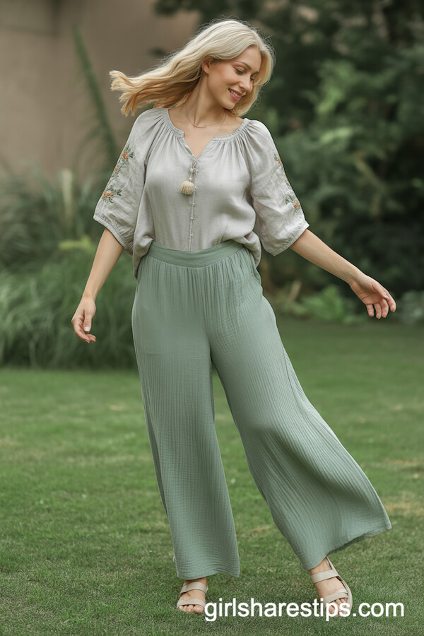 Embroidered Peasant Blouse with Sage Green Linen Pants