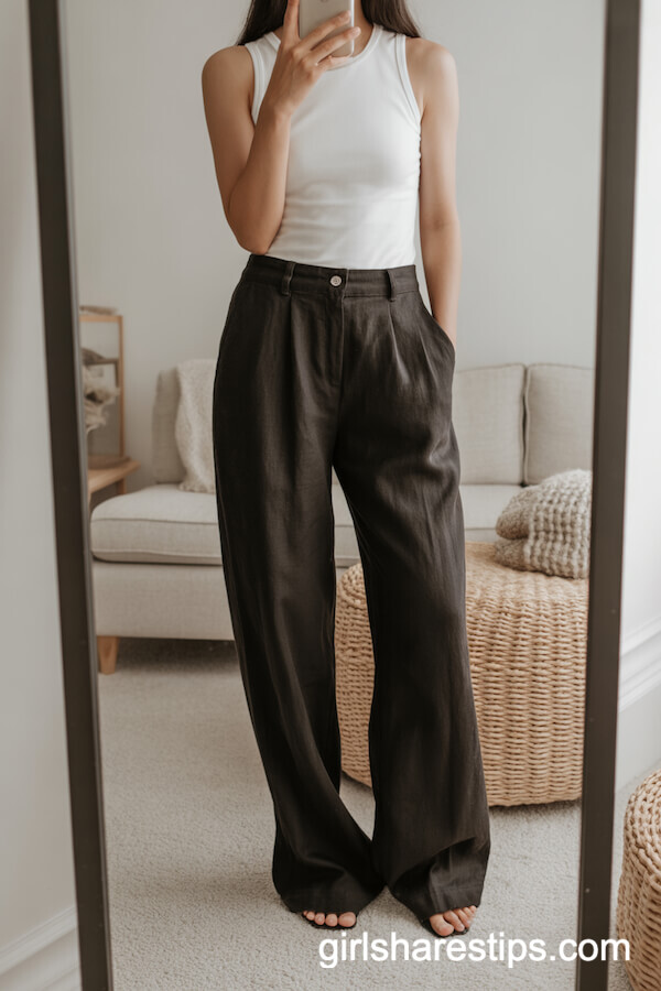 Fitted White Bodysuit with Black Linen Pants