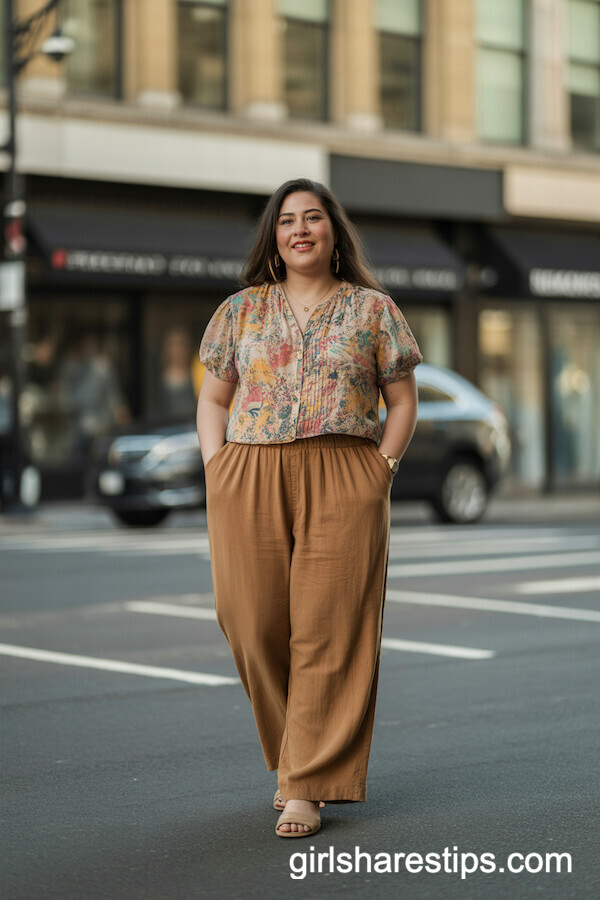 Colorful Floral Blouse with Caramel Linen Pants