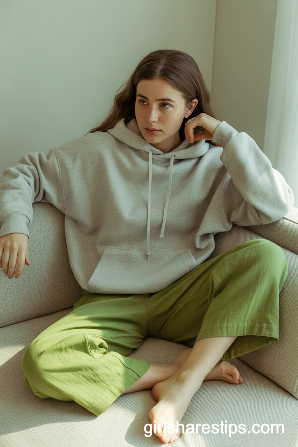 Heather Gray Hoodie with Green Cropped Linen Pants