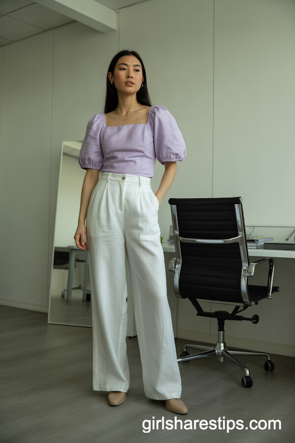 Lilac Puff-Sleeve Top with White Linen Pants
