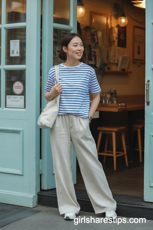 Breton Striped T-Shirt with Beige Linen Pants