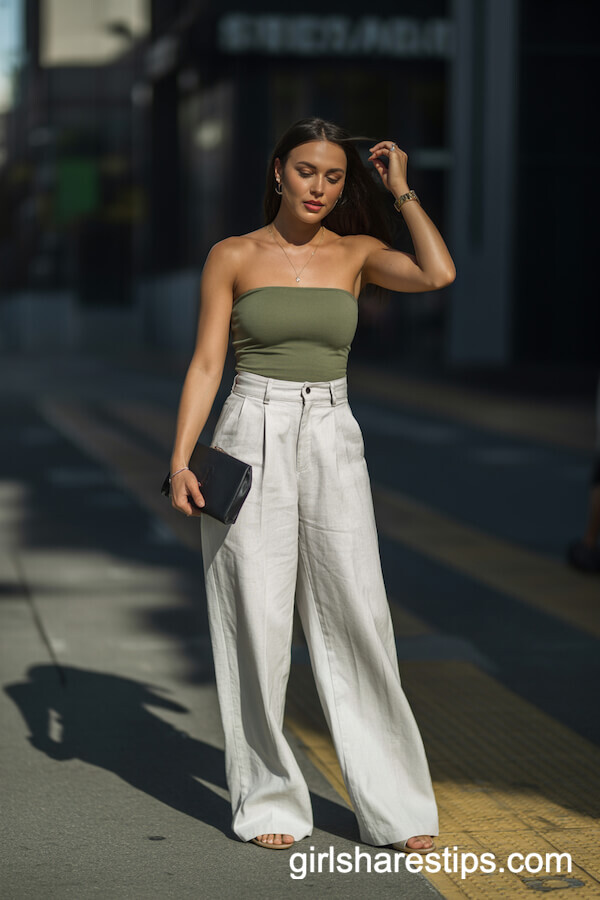 Olive Green Strapless Top with White Linen Pants
