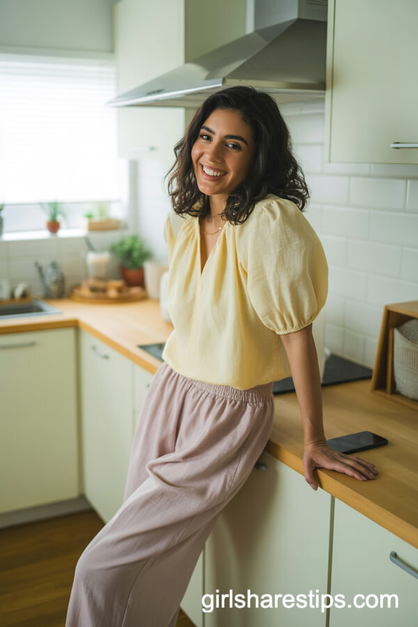 Pastel Pink Linen Pants with Pale Yellow Blouse