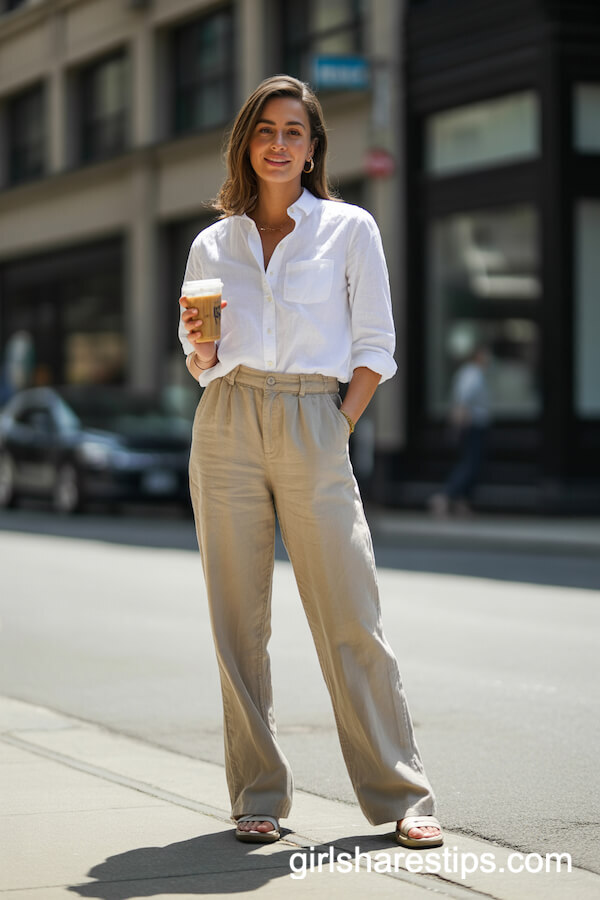 Crisp White Button-Up with Beige Linen Pants
