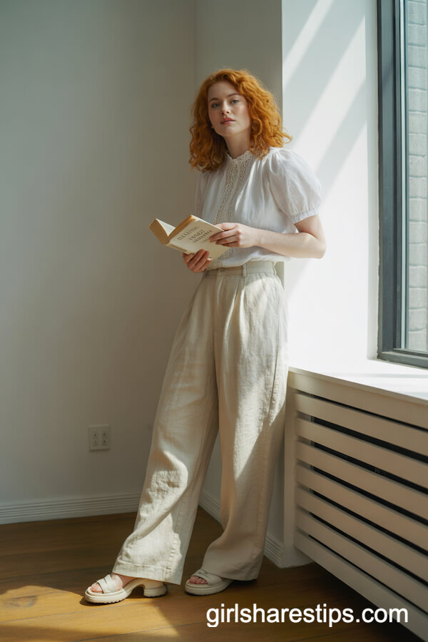 White Lace Blouse with Cream Linen Pants