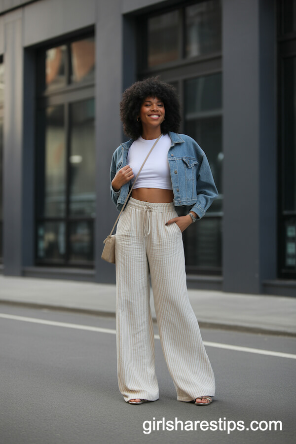 White Crop Top with Oatmeal Linen Pants and Denim Jacket