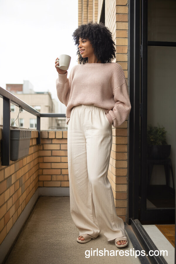 Blush Pink Knit Sweater with Off-White Linen Pants