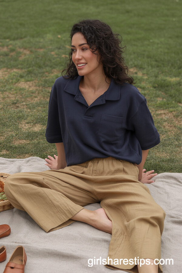Navy Polo Shirt with Tan Linen Pants