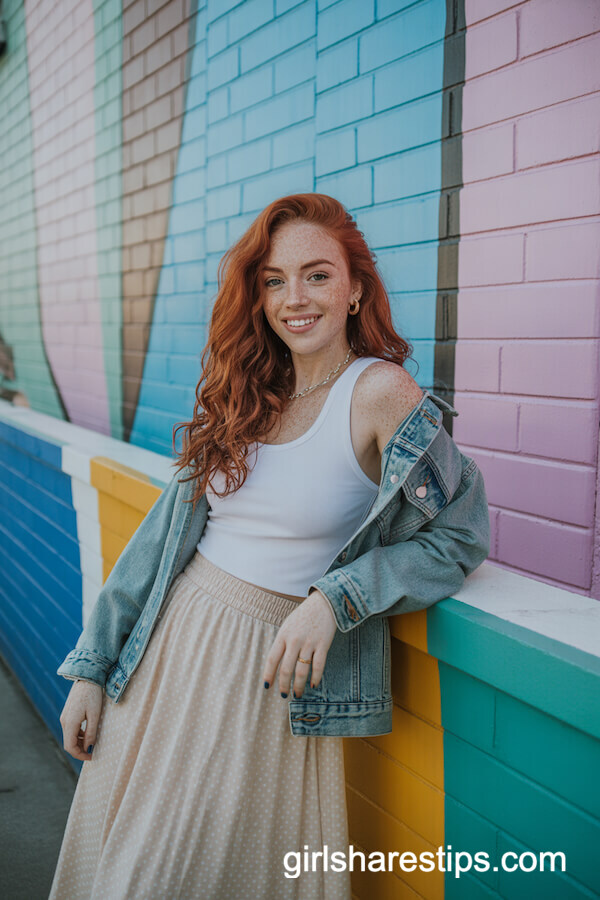 White Tank Top with Pastel Midi Skirt