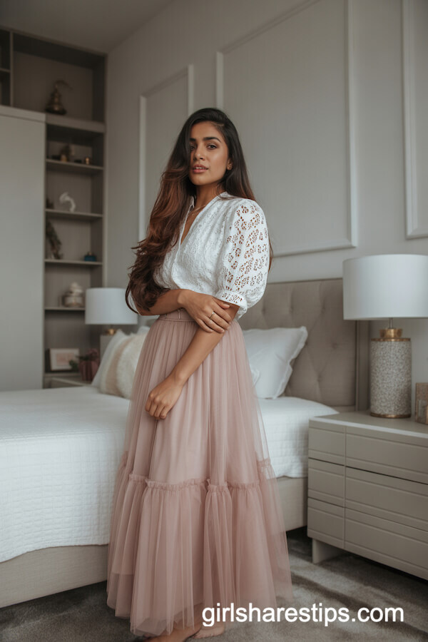 Delicate Lace Blouse with Blush Pink Tulle Skirt