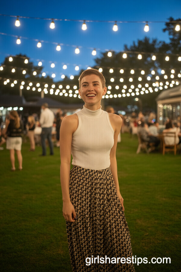 Ribbed Mock Neck Top with Geometric-Printed Long Skirt