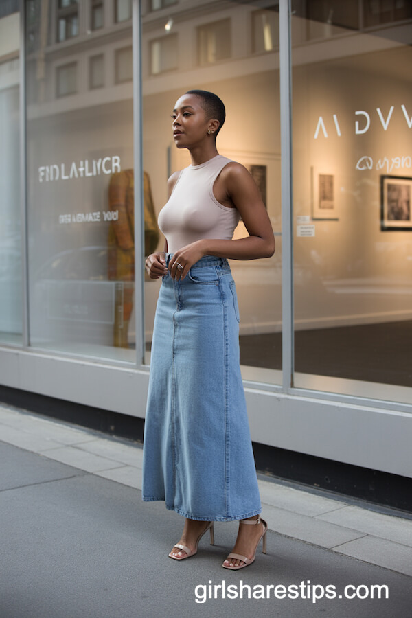 Neutral Bodysuit with High-Waisted Denim Maxi Skirt