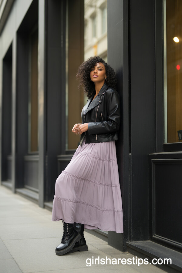 Faux Leather Jacket with Lilac Chiffon Maxi Skirt