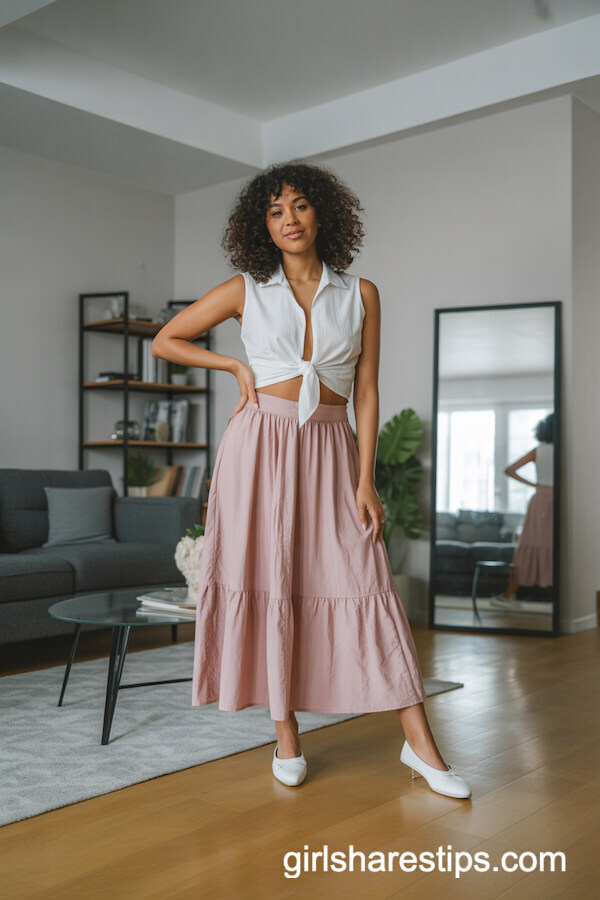 Sleeveless Tie-Front Blouse with Flouncy Skater Skirt