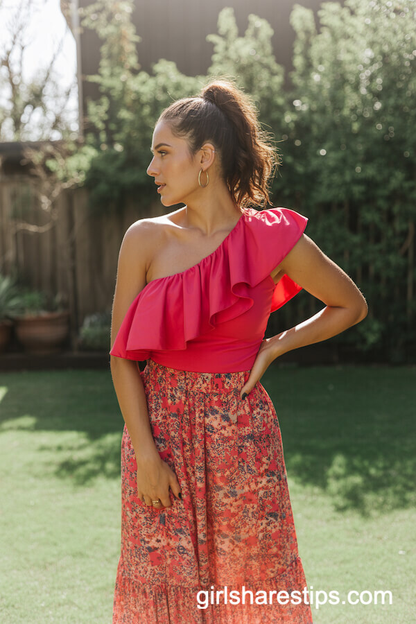 One-Shoulder Ruffle Top with Bright Floral Maxi Skirt