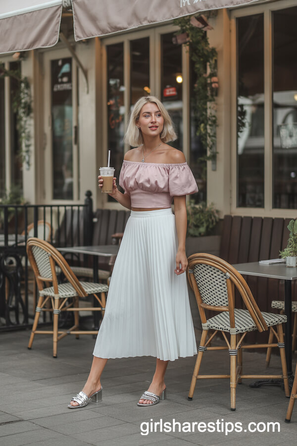 Off-the-Shoulder Pastel Top with Pleated White Skirt