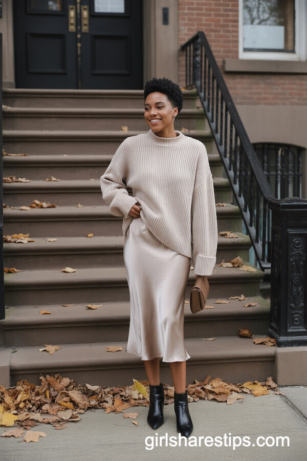 Oversized Oatmeal Sweater with Champagne Satin Midi Skirt