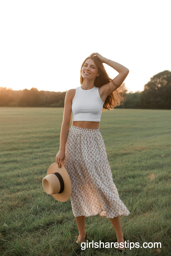 Fitted White Crop Top with Boho-Printed Maxi Skirt