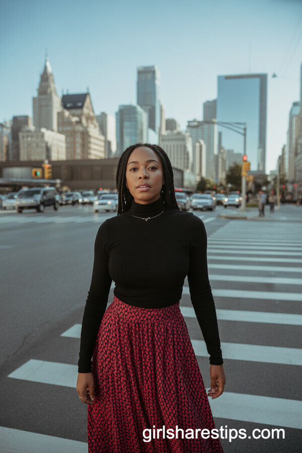 Black Turtleneck with Bright Patterned Maxi Skirt