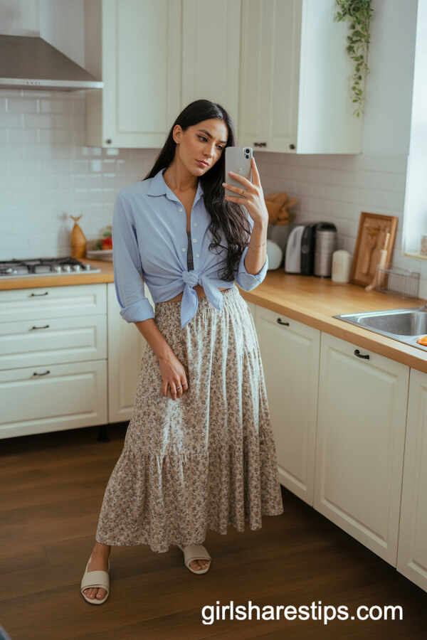 Tied Front Button-Down Shirt with Floral A-Line Skirt