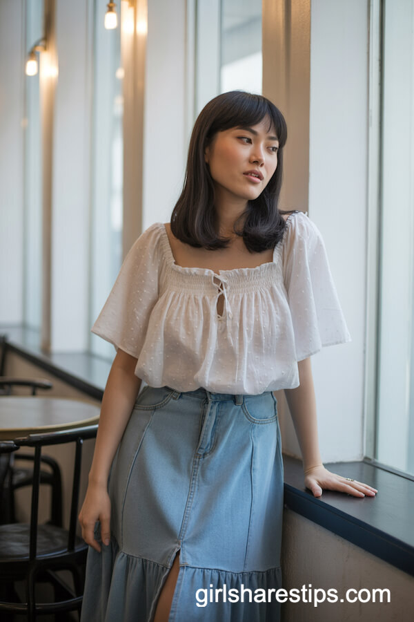 Ruffled White Blouse with Denim Maxi Skirt