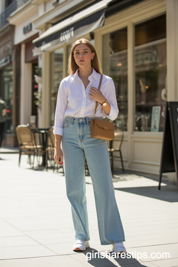 Crisp White Button-Down with Light-Wash Wide-Leg Jeans