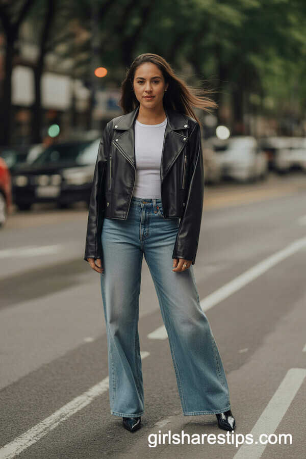Leather Jacket with Faded Blue Wide-Leg Jeans