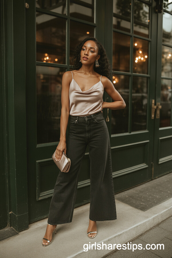 Satin Camisole with Dark Wide-Leg Jeans