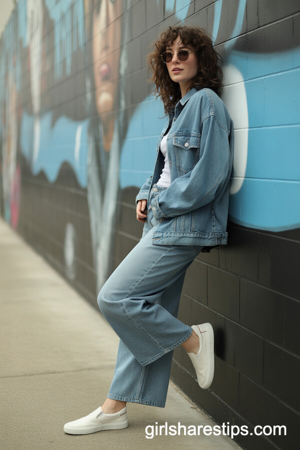 Denim Jacket with Medium-Wash Wide-Leg Jeans