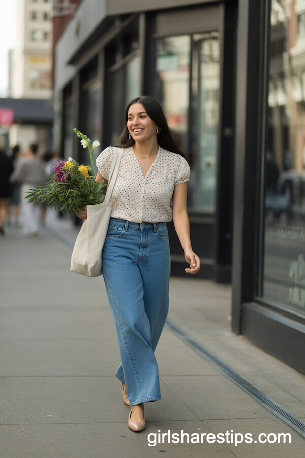 Polka Dot Blouse with Wide-Leg Jeans and Ballet Flats