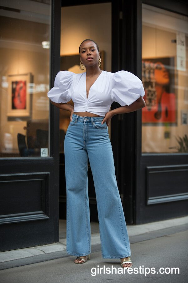 Puffed-Sleeve Blouse with Blue Wide-Leg Jeans